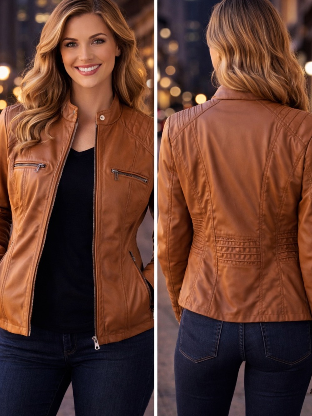 Women's Faux Leather Moto Jacket - Tan